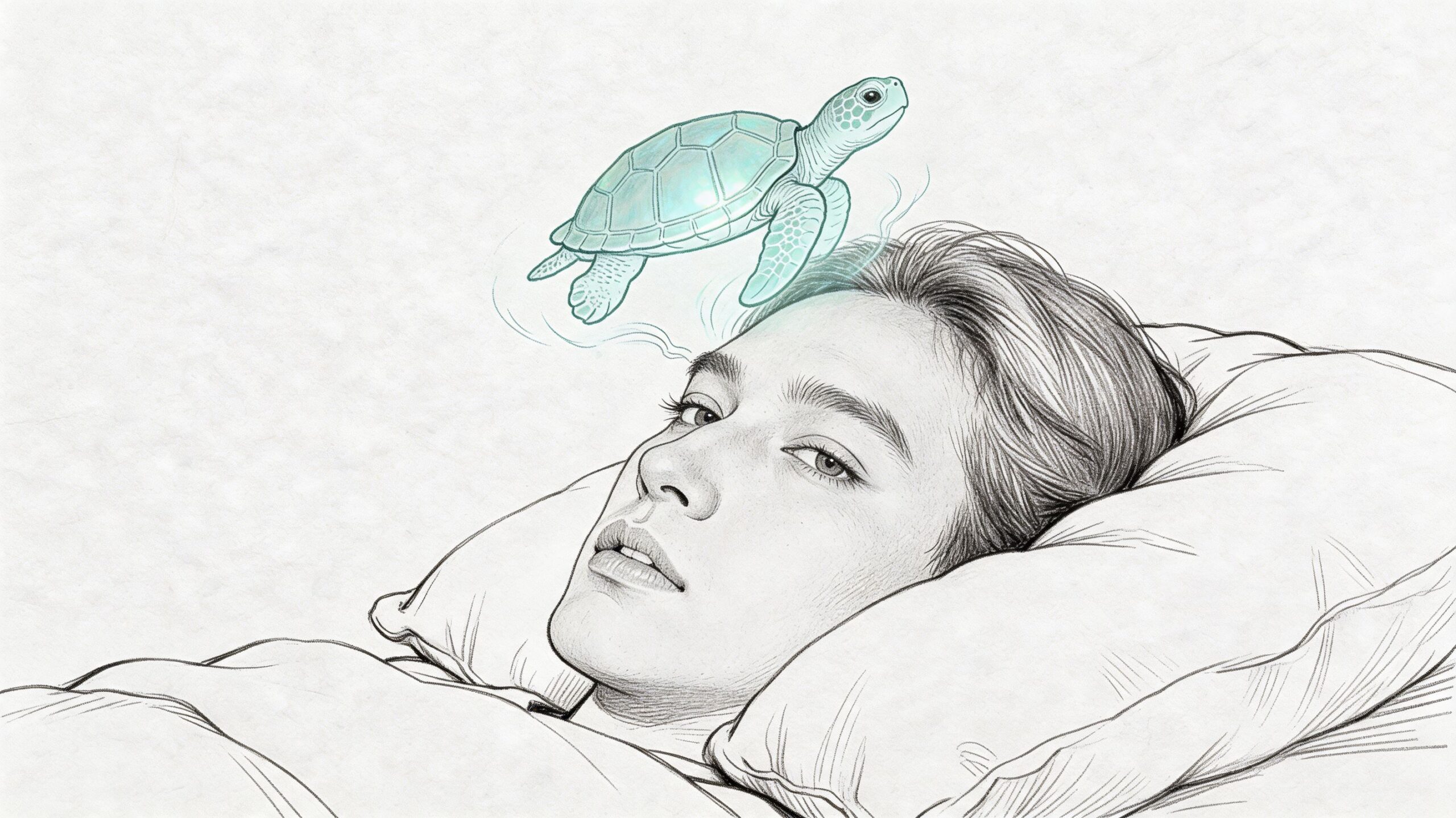A pencil sketch of a person lying in bed with a glowing dream turtle hovering above them.