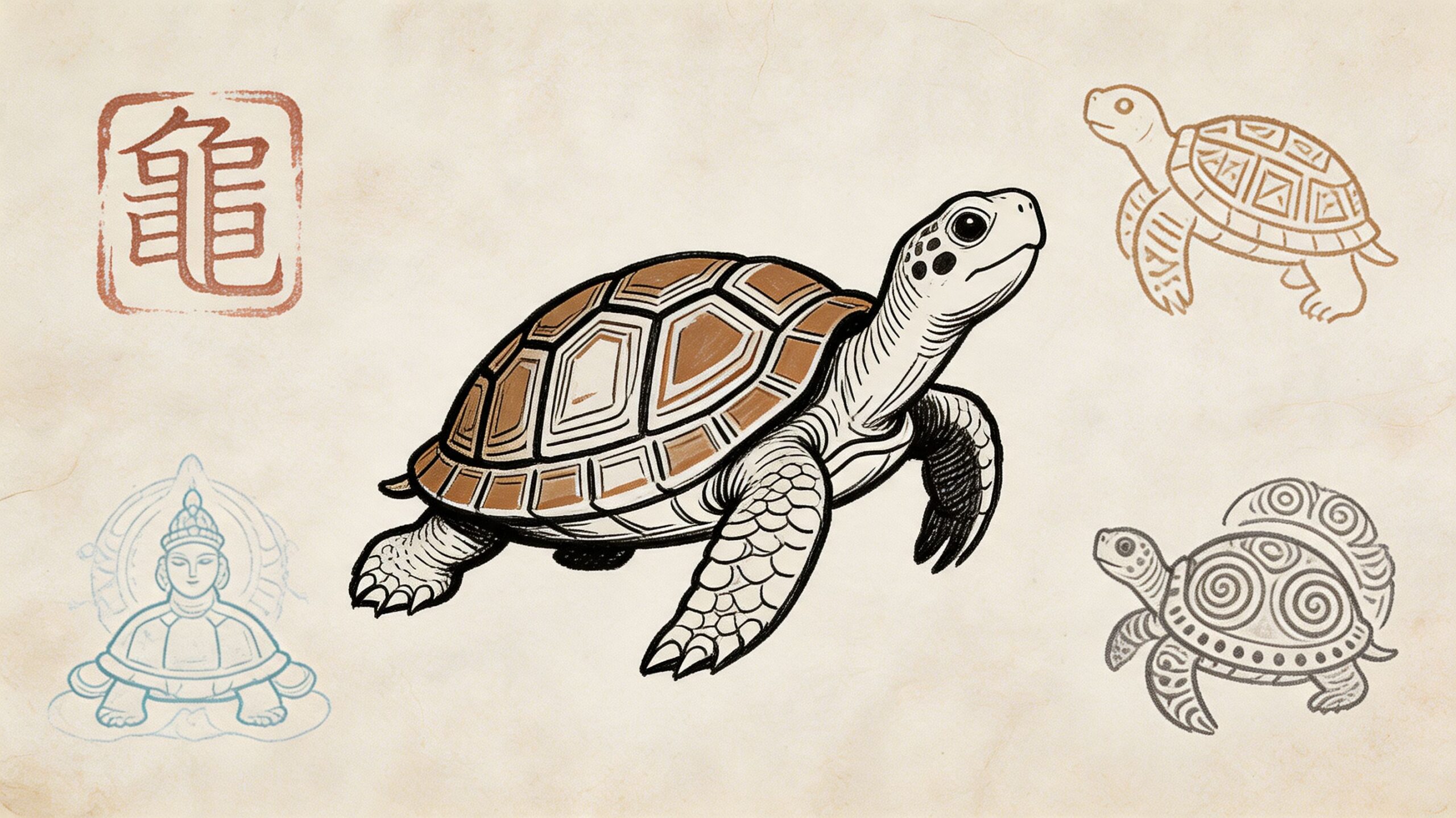 A detailed illustration of a sea turtle surrounded by various turtle-themed artistic icons and a character.