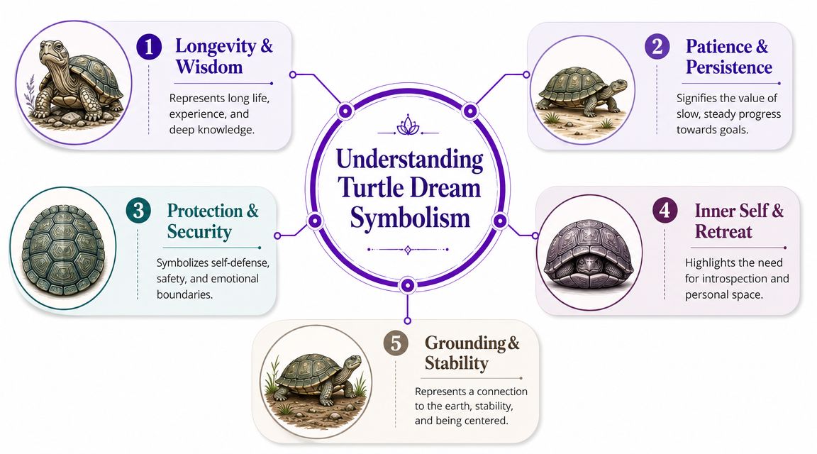 A diagram illustrating five symbolic meanings of turtles in dreams, including longevity, patience, protection, retreat, and grounding.