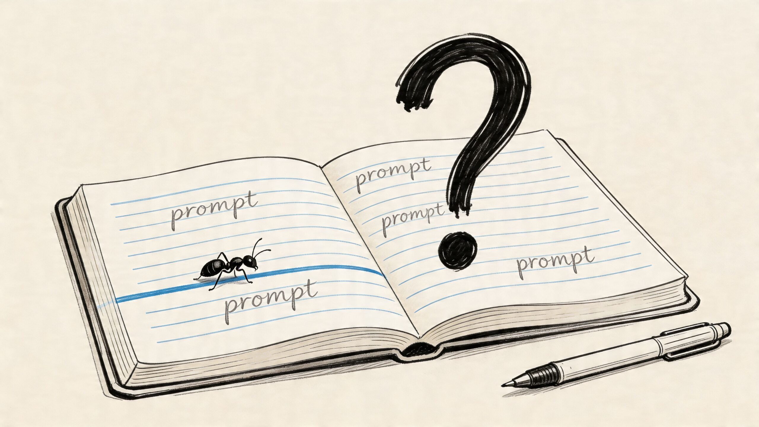 An open notebook with the word prompt written repeatedly, an ant on the page, and a question mark.