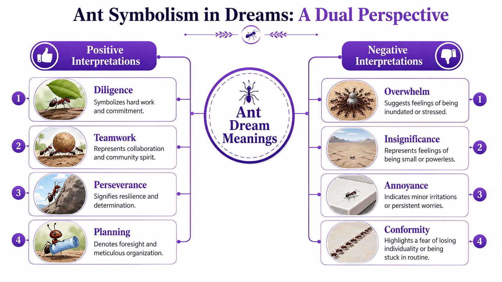An infographic titled Ant Symbolism in Dreams presenting positive and negative interpretations of ants in dreams.