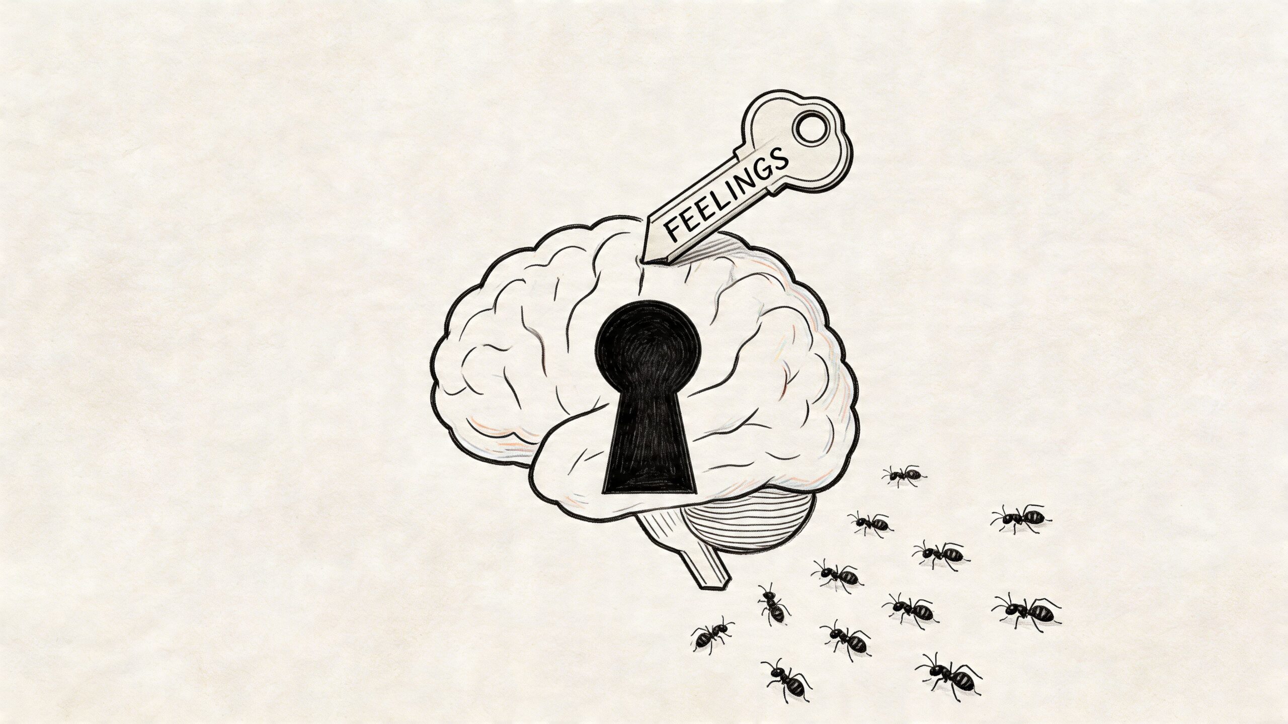 A line drawing of a human brain with a key labeled feelings and a group of ants.