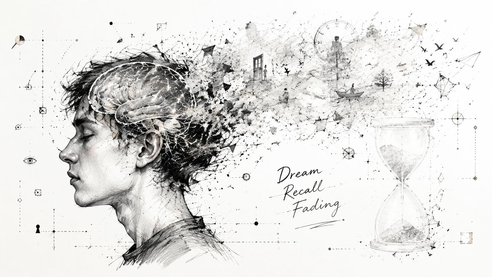 An artistic sketch of a man's head with a dissolving brain fading into dream imagery and an hourglass.