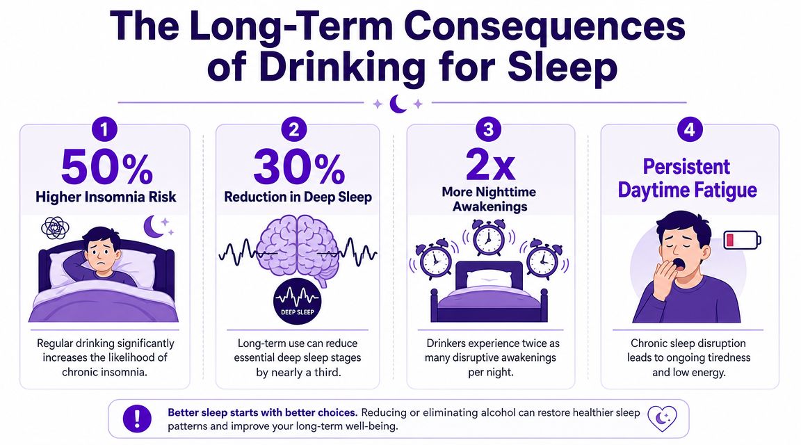 An infographic detailing the four long-term consequences of alcohol consumption on sleep quality and health.