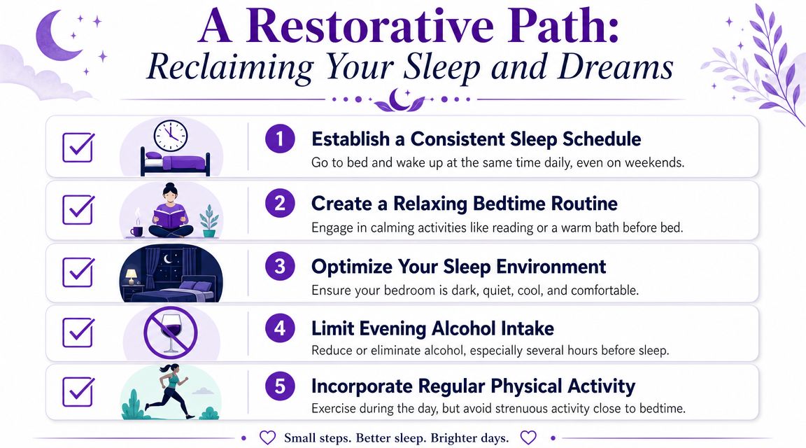 A helpful infographic showing five steps for reclaiming and improving your sleep quality and dream patterns.