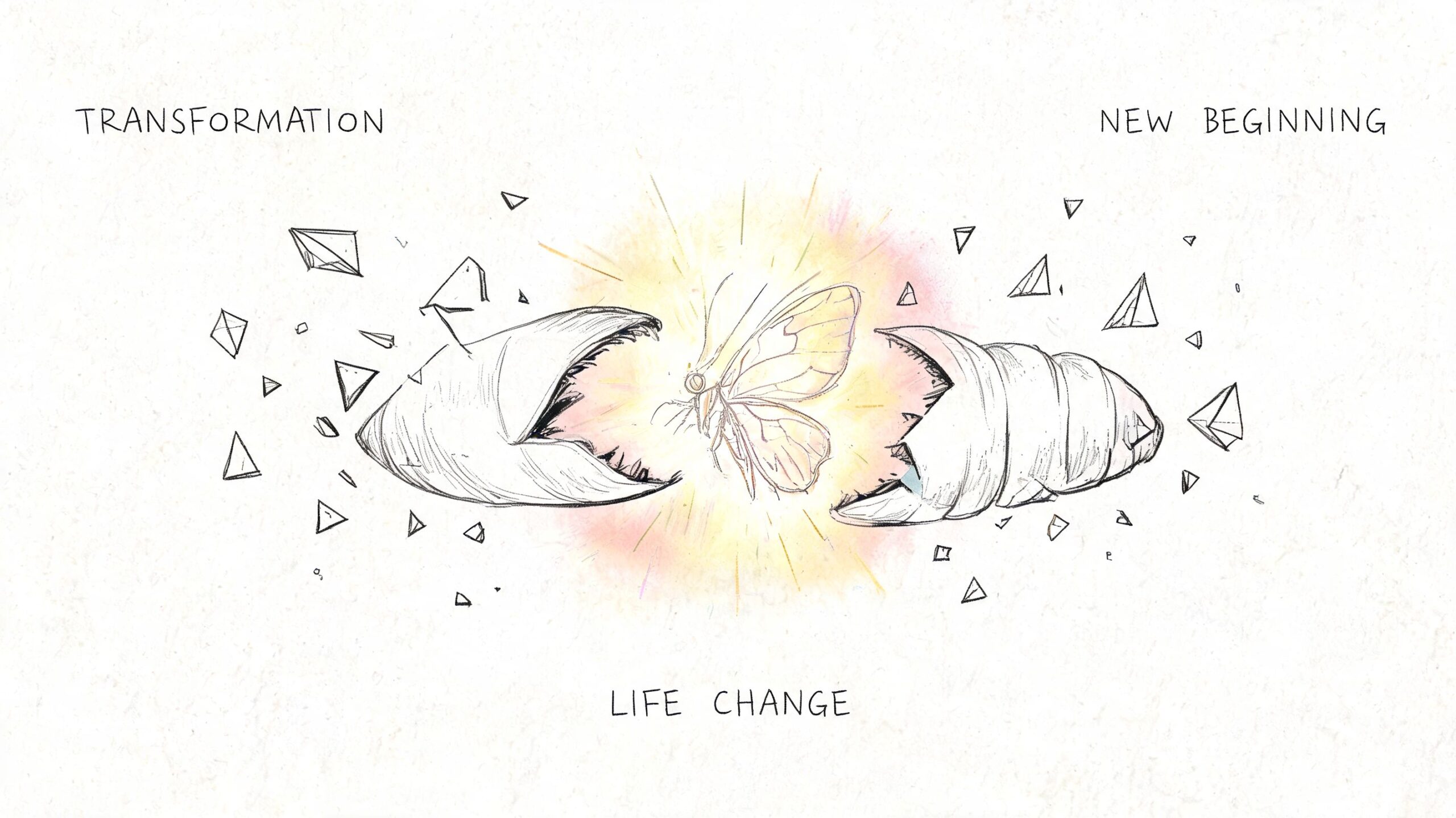 A pencil sketch of a butterfly emerging from a breaking cocoon with yellow light symbolizing life change.