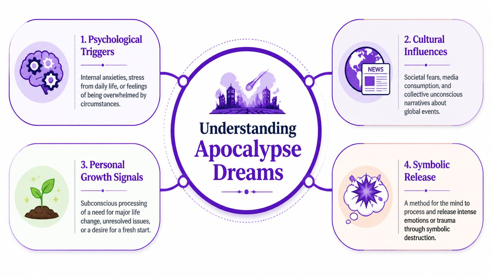 An infographic titled Understanding Apocalypse Dreams illustrating four reasons for dreams about the end of the world.
