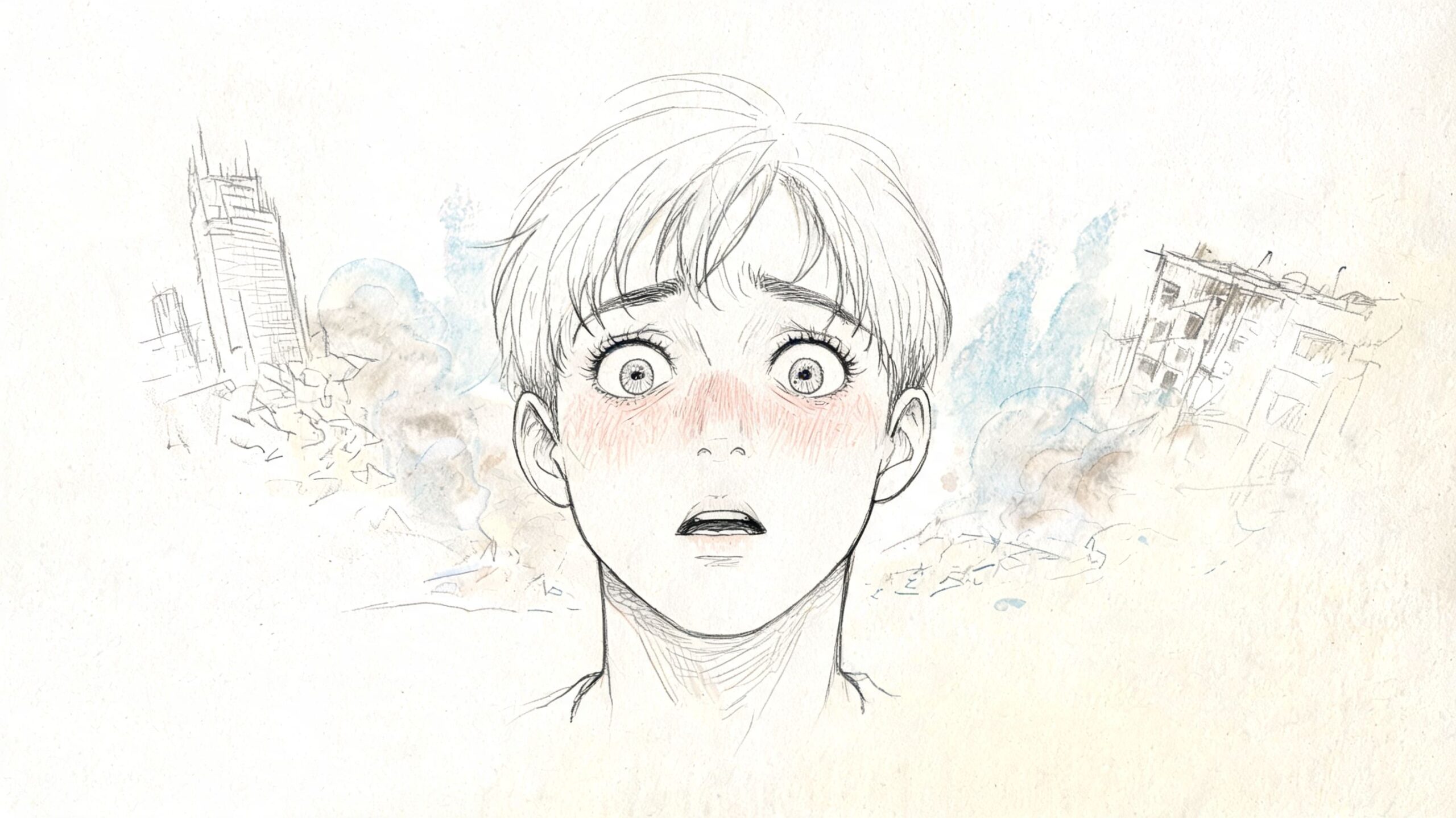 A pencil sketch of a shocked, blushing child standing in front of a ruined, smoky city landscape.