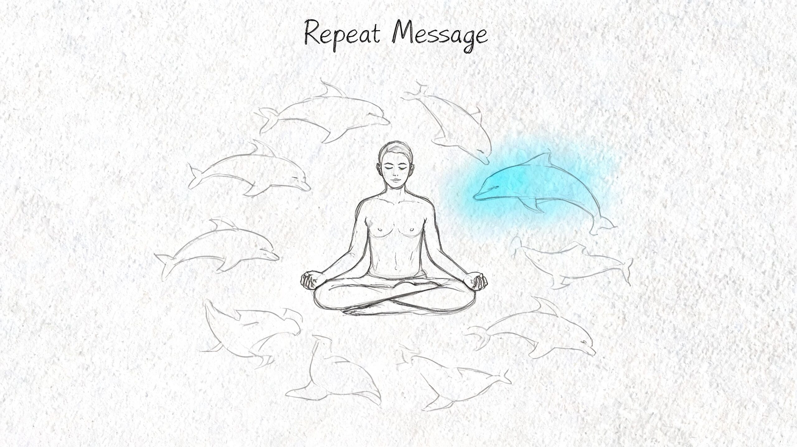 A person meditating in a lotus pose surrounded by a circular formation of sketched dolphins.