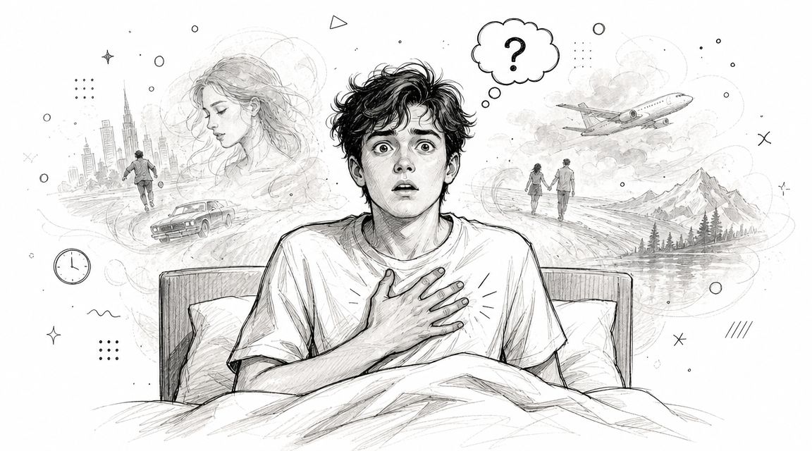 A young man sits up in bed looking confused with various surreal dreamlike visions floating around him.