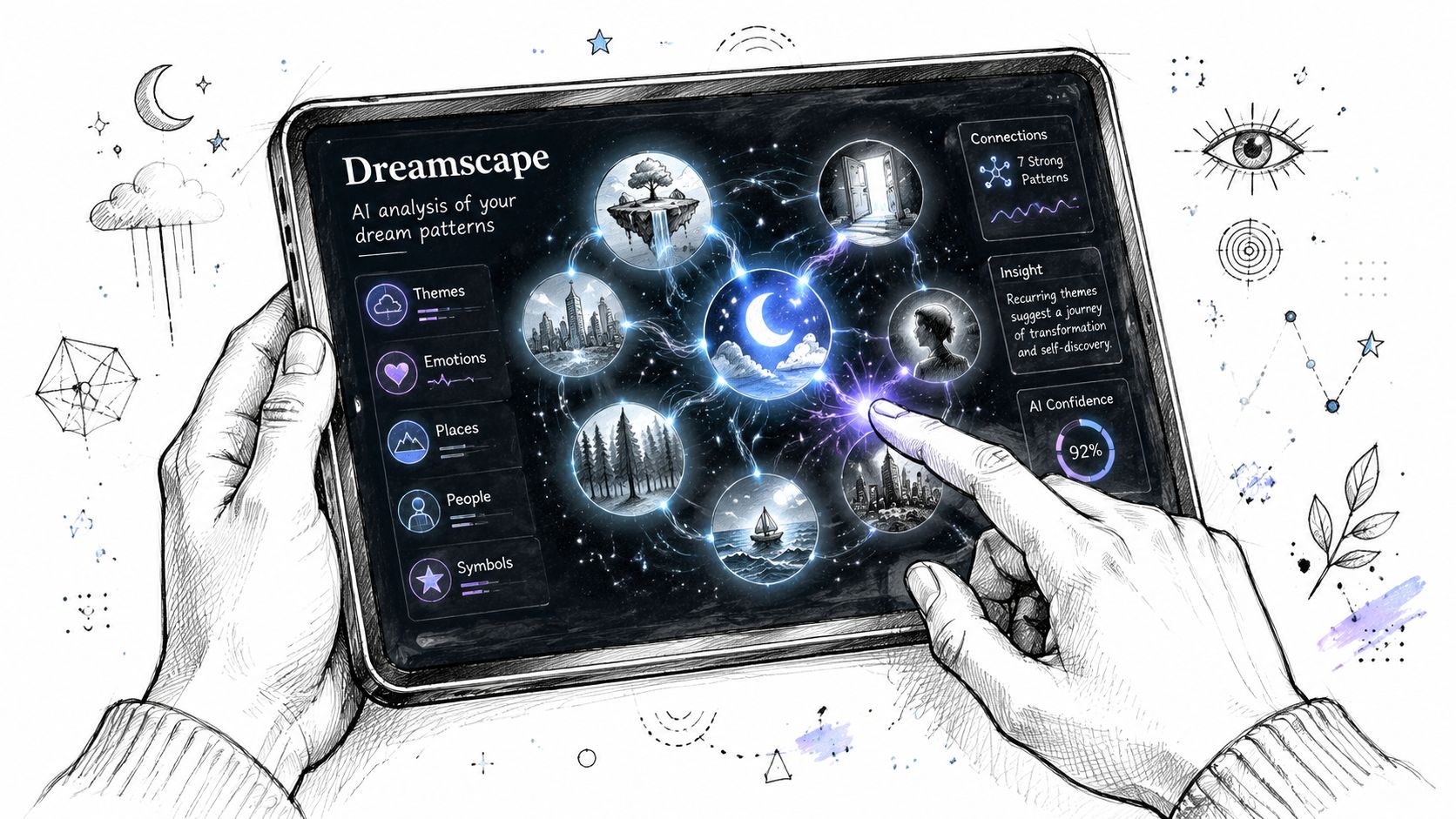 A hand interacting with a tablet screen displaying an AI dream analysis interface with various graphical nodes.