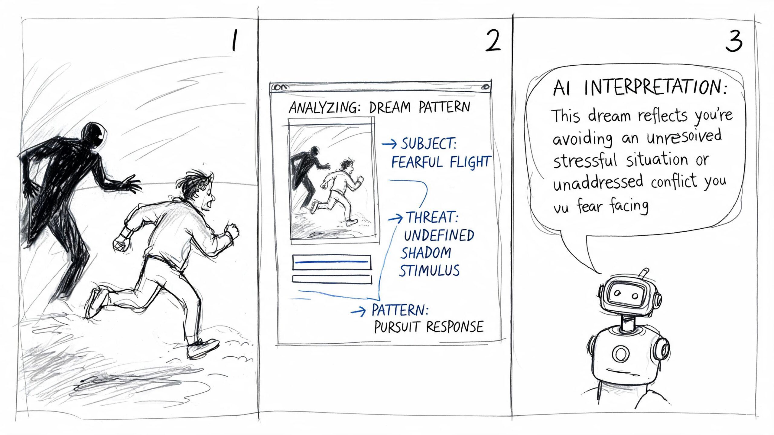 A three-panel comic illustration showing a person being chased and then analyzed by an AI dream interpreter.