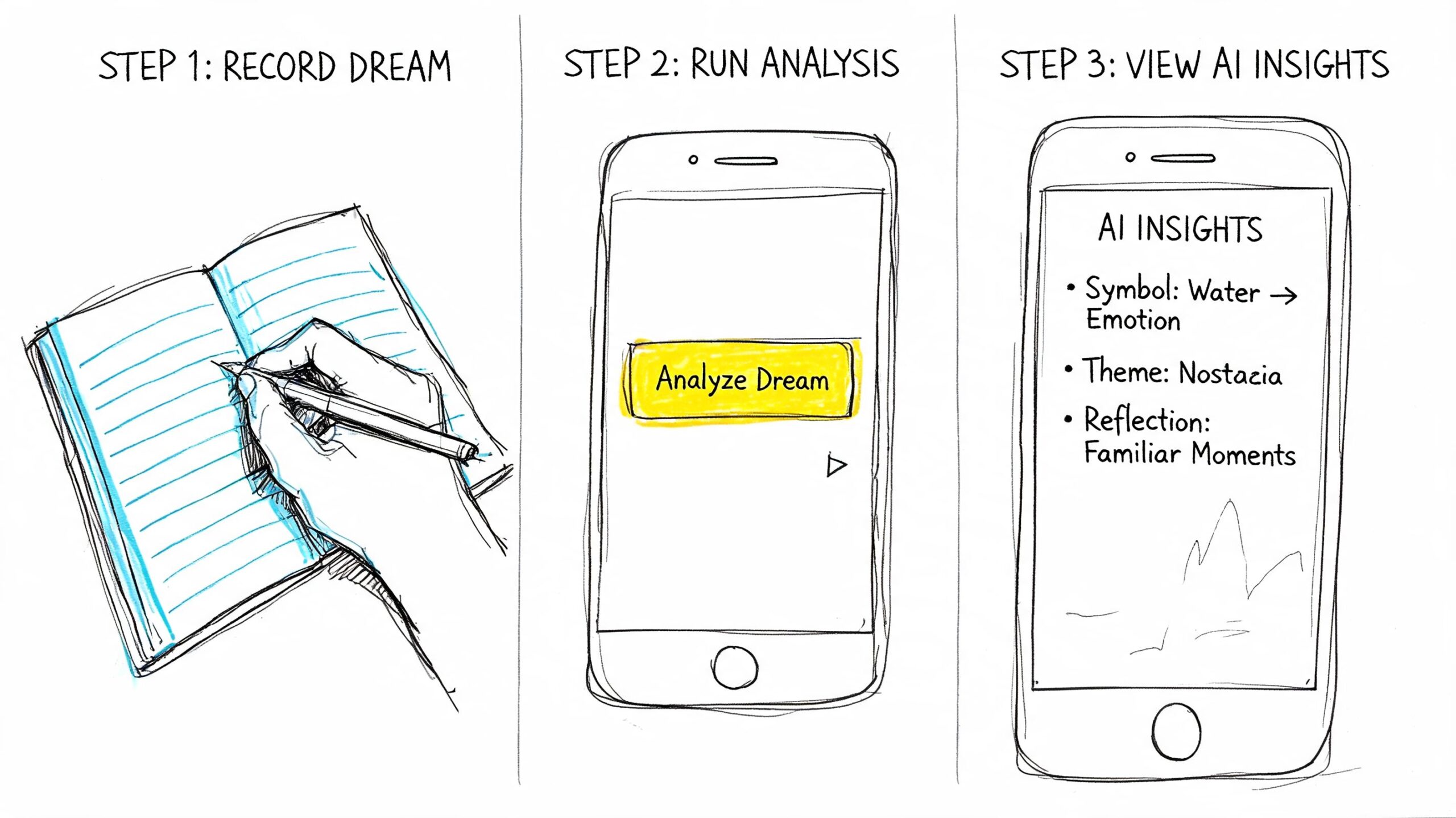 A three-step process illustration showing someone writing in a journal and using an AI app for dream interpretation.
