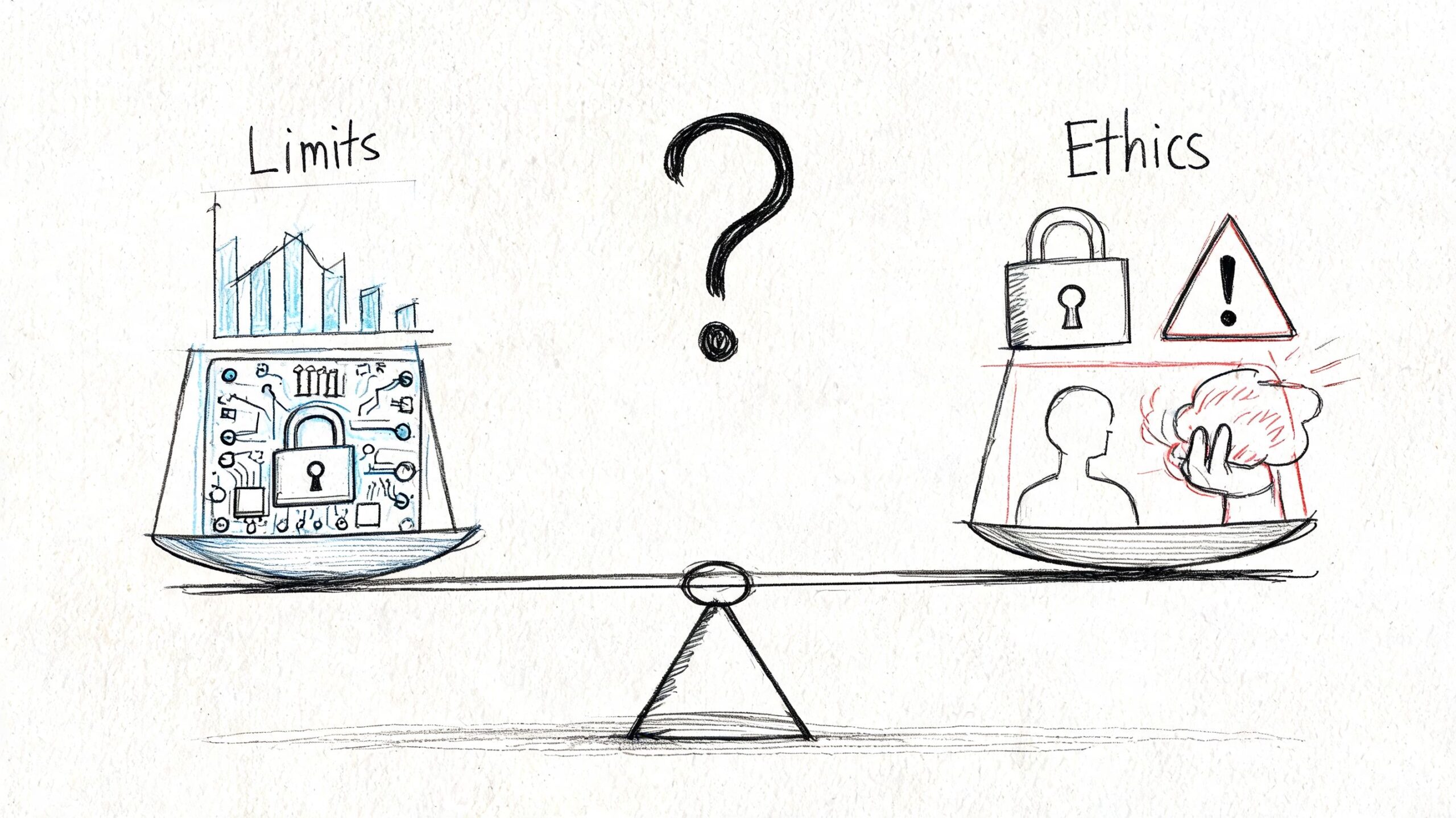 A conceptual sketch balancing computer system limits and human ethics, featuring a scale with technology and people.