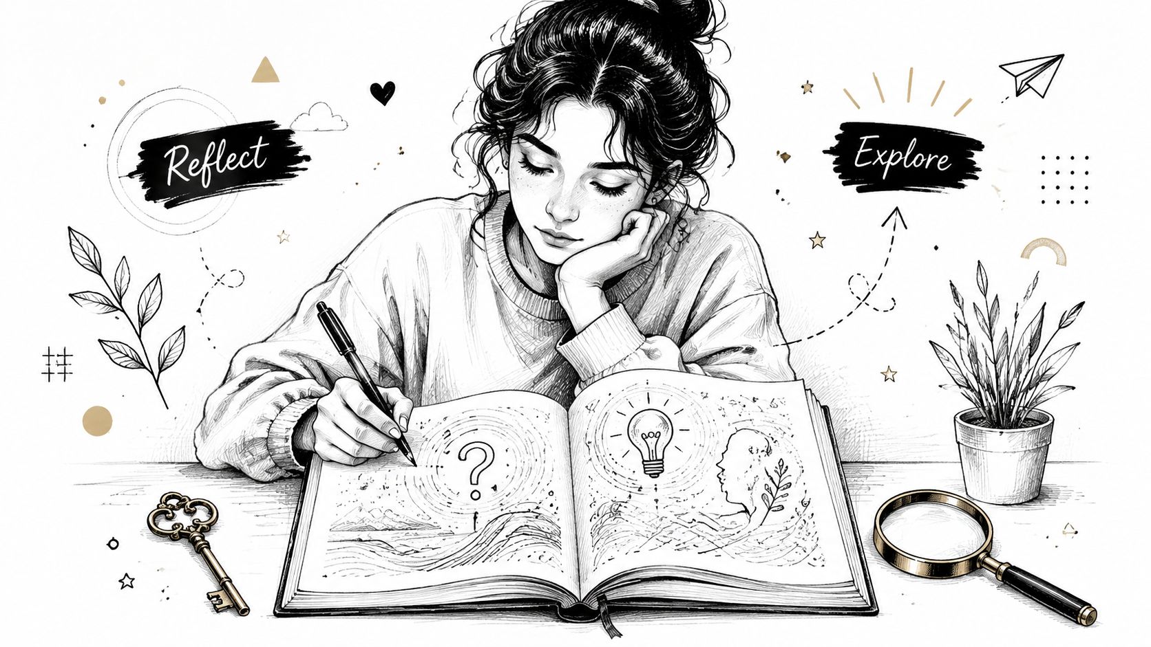 A pencil sketch of a contemplative young woman writing in an open journal with creative illustrations.