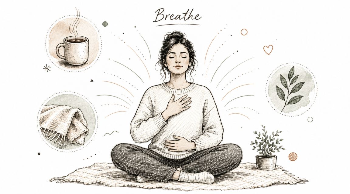 A hand-drawn illustration of a woman meditating calmly, surrounded by symbols of comfort, relaxation, and mindfulness.