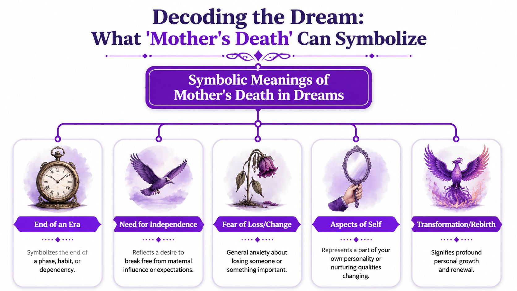 An infographic titled Decoding the Dream showing five symbolic meanings of a mother's death in dreams.