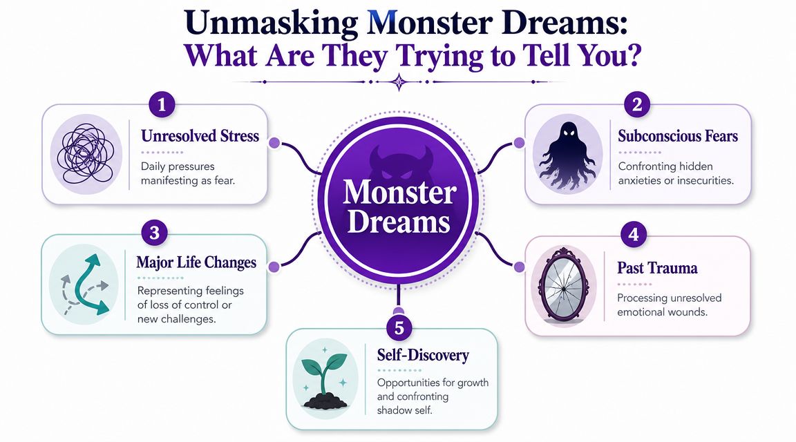 An infographic titled Unmasking Monster Dreams explaining five psychological reasons why people have recurring monster dreams.