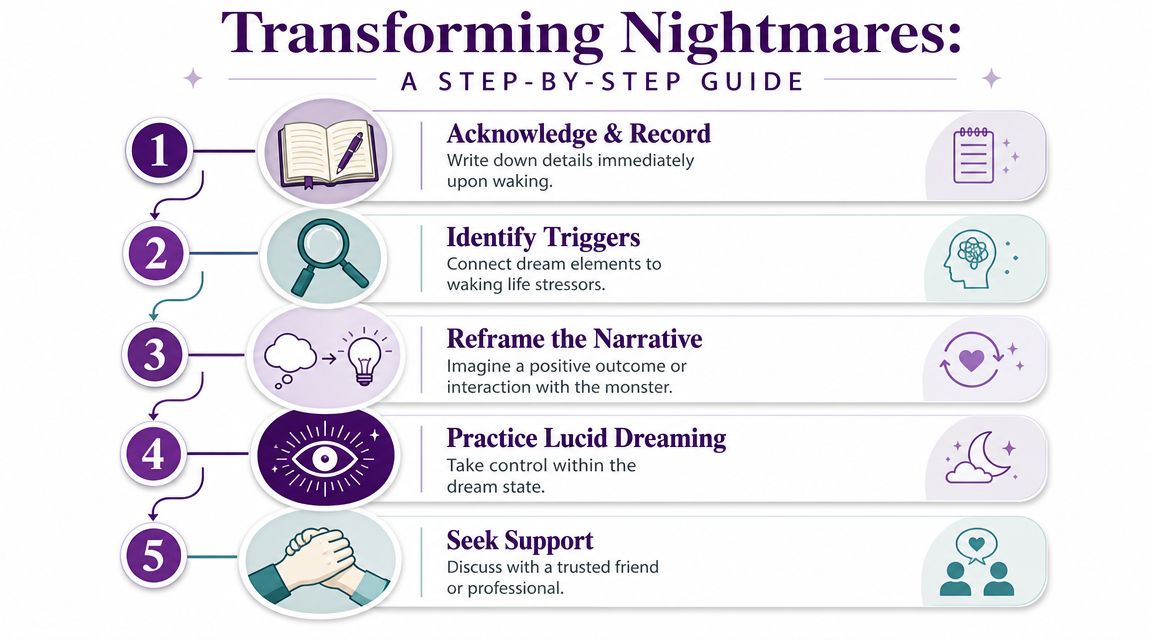 A five-step guide infographic titled Transforming Nightmares for managing and understanding recurring negative dreams effectively.