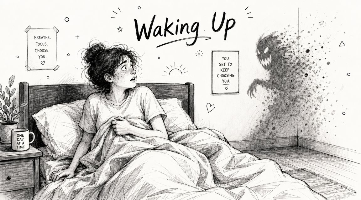 A woman wakes up in bed, looking anxious at a dark, shadowy monster figure on her bedroom wall.