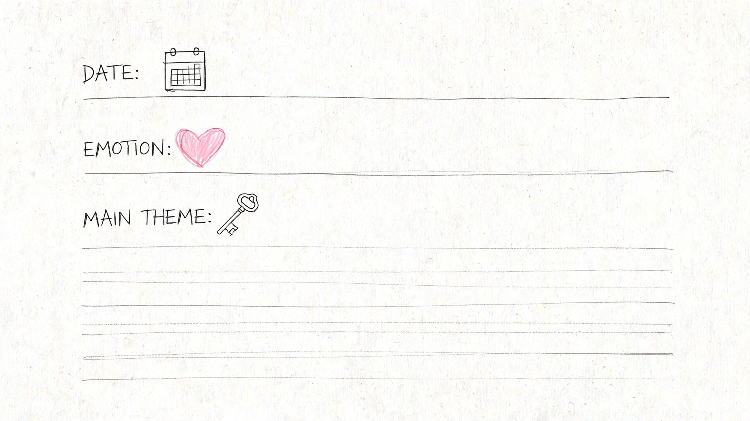 A minimalist dream journal page template featuring icons for date, emotion, and main theme with writing lines.
