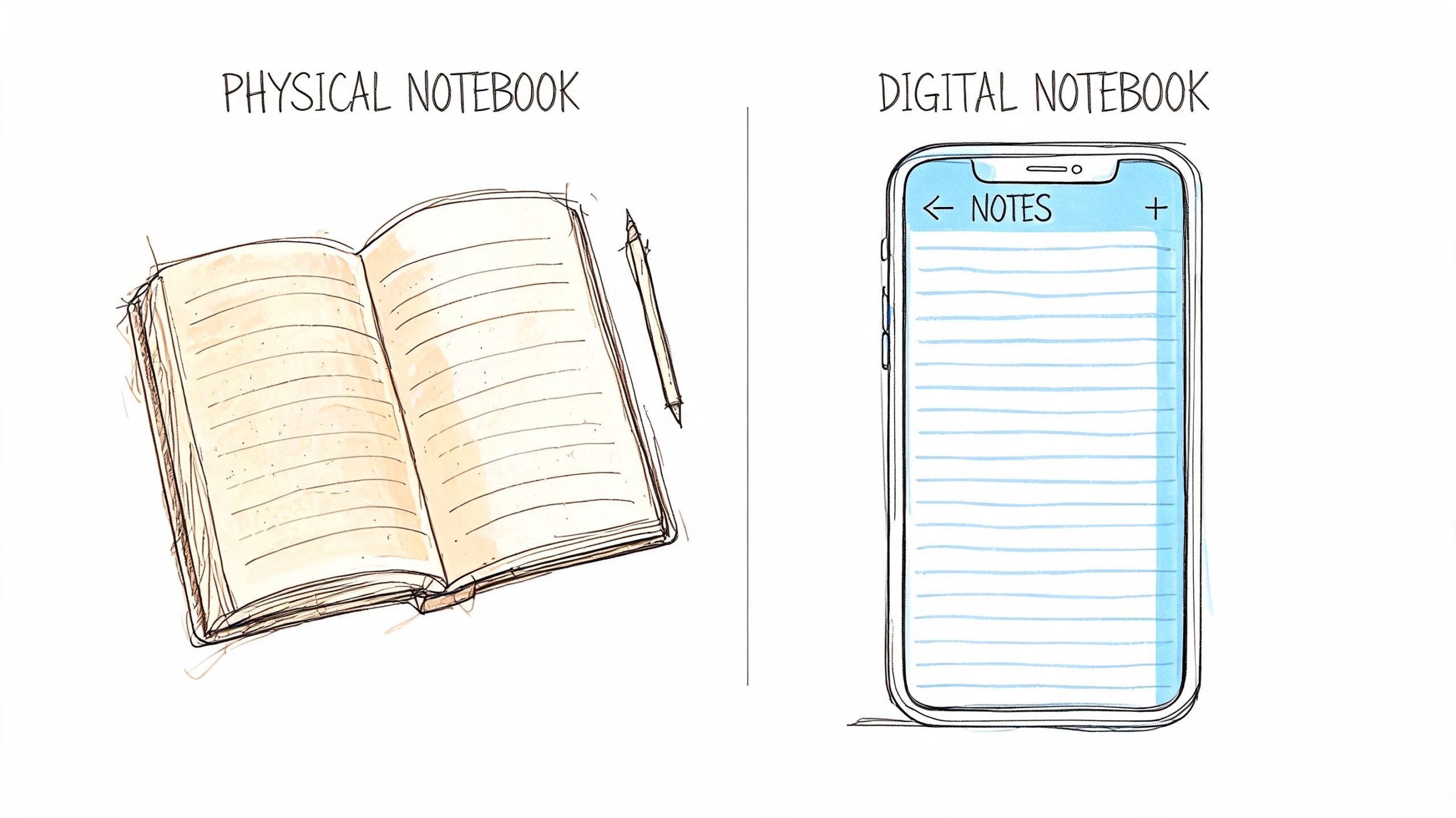 A hand-drawn comparison between a traditional physical notebook and a modern digital notebook application on a smartphone.
