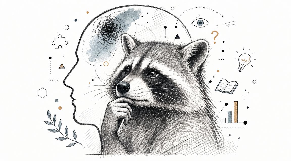 A creative pencil sketch of a thoughtful raccoon merged with a human silhouette surrounded by abstract icons.