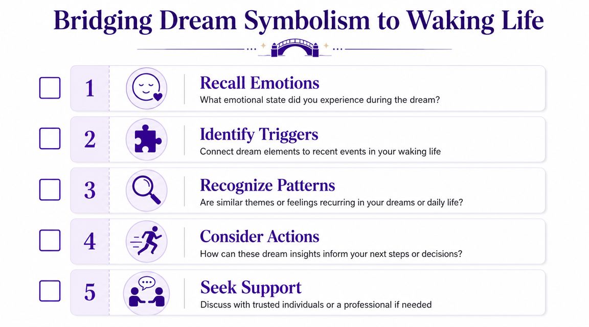 A five-step guide for bridging dream symbolism to waking life, illustrated with icons and descriptive bullet points.
