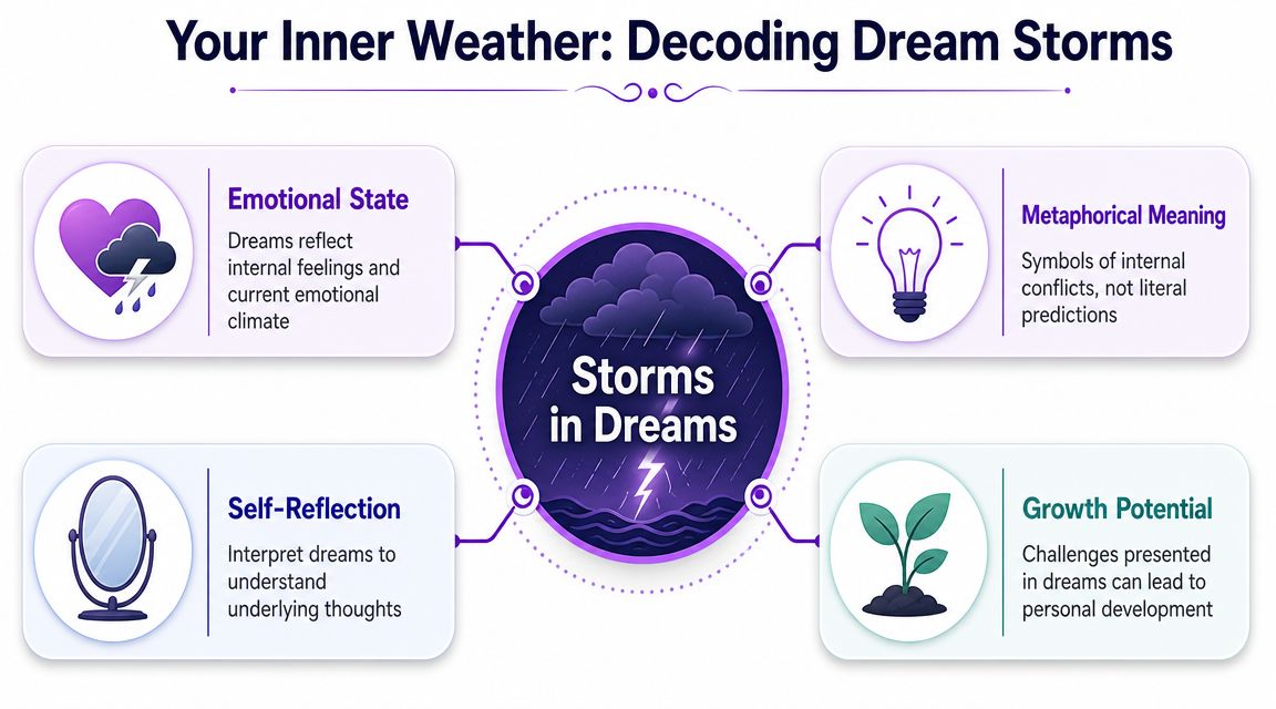 A diagram explaining the psychological interpretation of storms in dreams as reflections of emotions and personal growth.