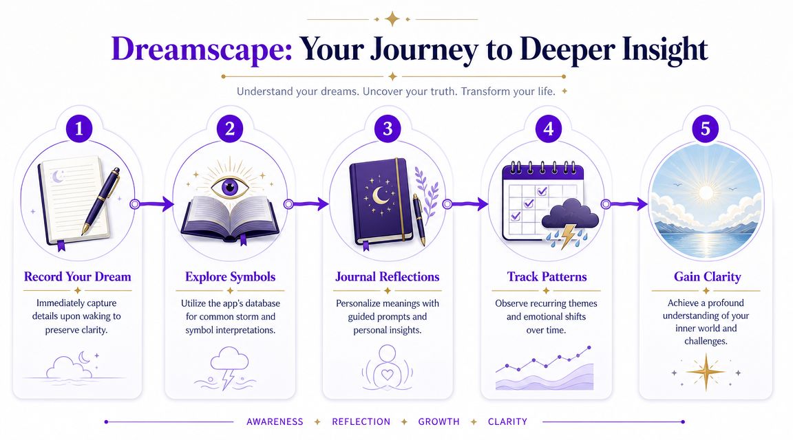 A five-step infographic showing the Dreamscape journey from recording dreams to gaining life clarity.
