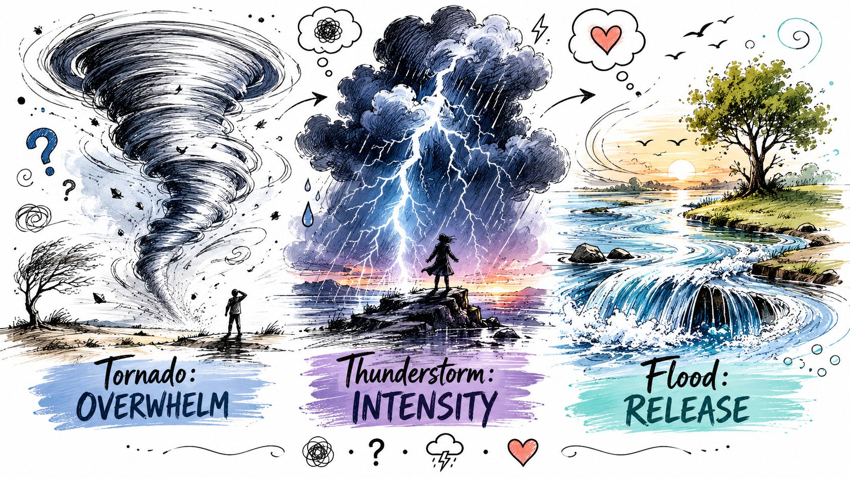 An artistic illustration depicting emotional states as a tornado, thunderstorm, and flood with associated descriptive labels.