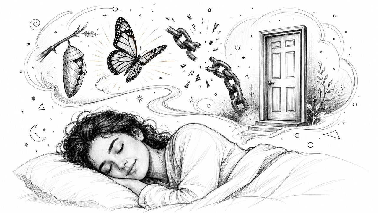 A pencil sketch of a woman sleeping peacefully while dreaming of a butterfly and a broken chain.