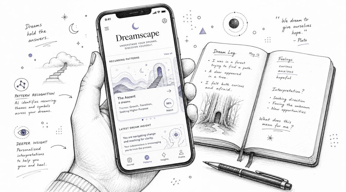A hand holding a smartphone showing a dream analysis app alongside a handwritten open dream journal.