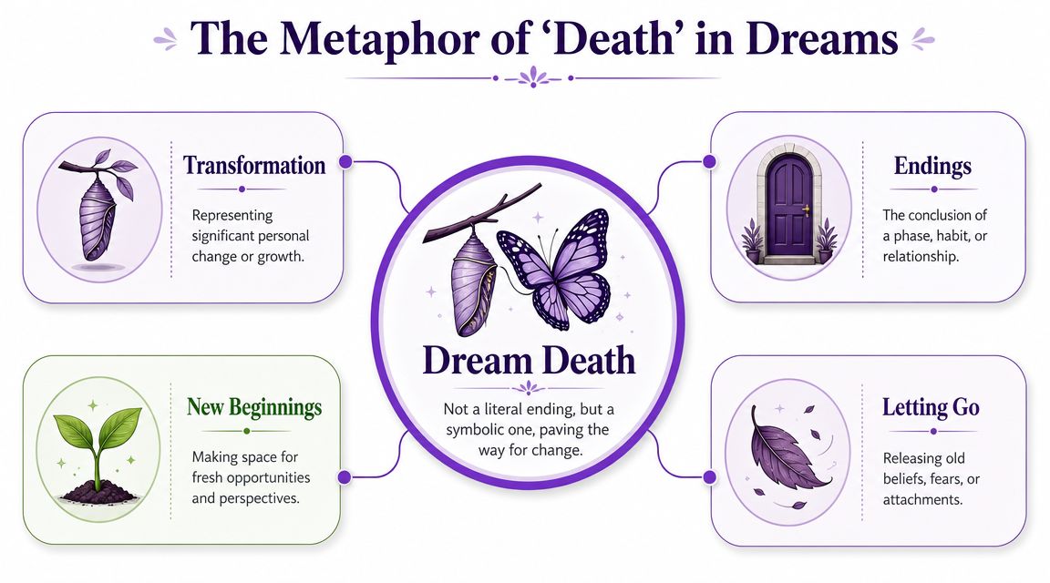 An infographic titled The Metaphor of Death in Dreams explaining symbolic meanings like transformation, endings, and new beginnings.