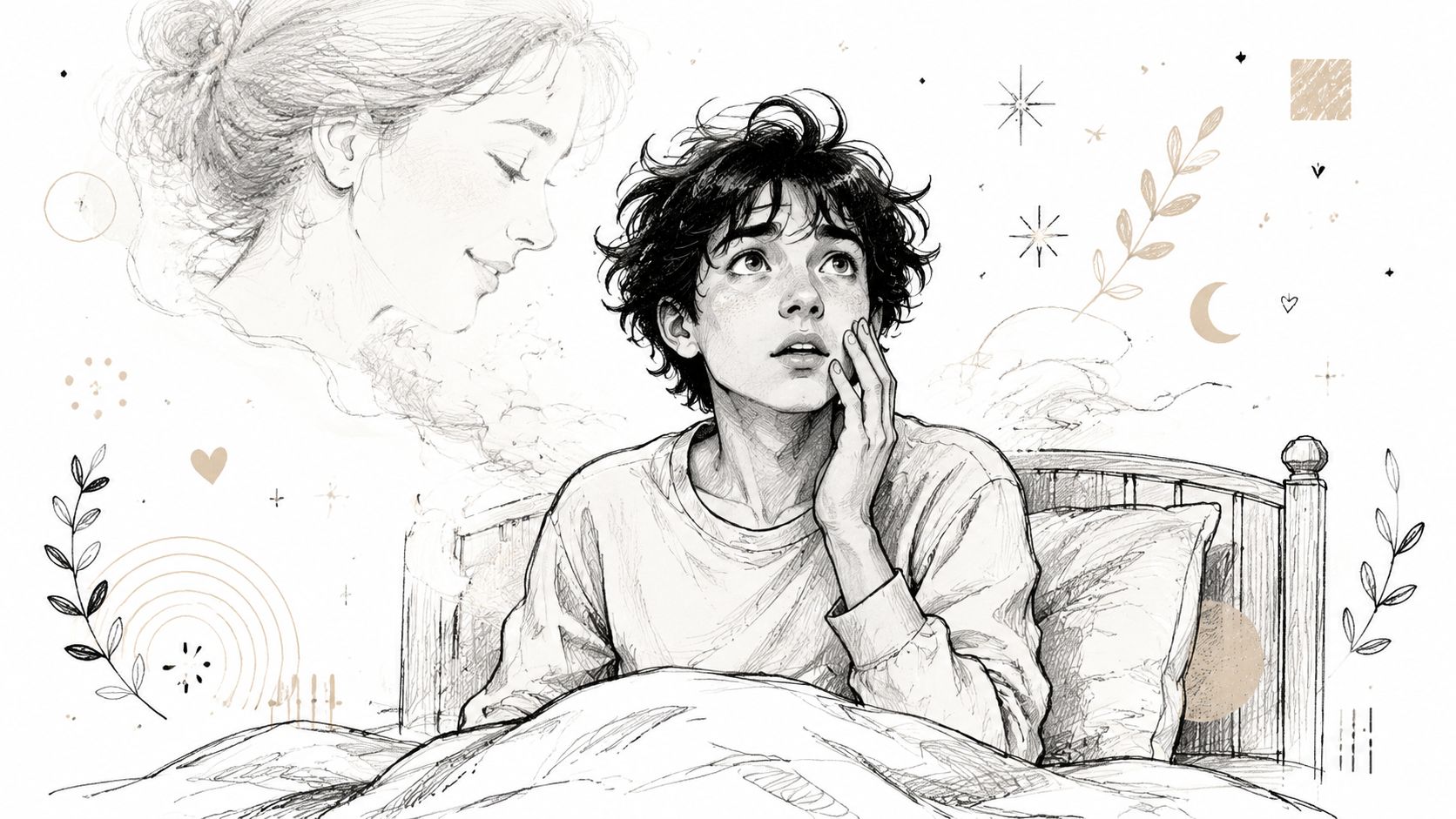 A pencil sketch of a young man sitting in bed, seemingly comforted by a spirit of his mother.