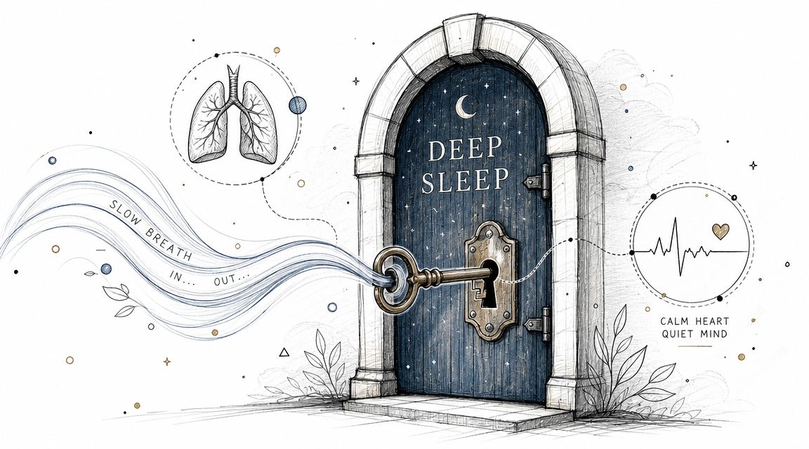 An artistic illustration showing a key unlocking a deep sleep door, connected to lungs and heart rate graphics.