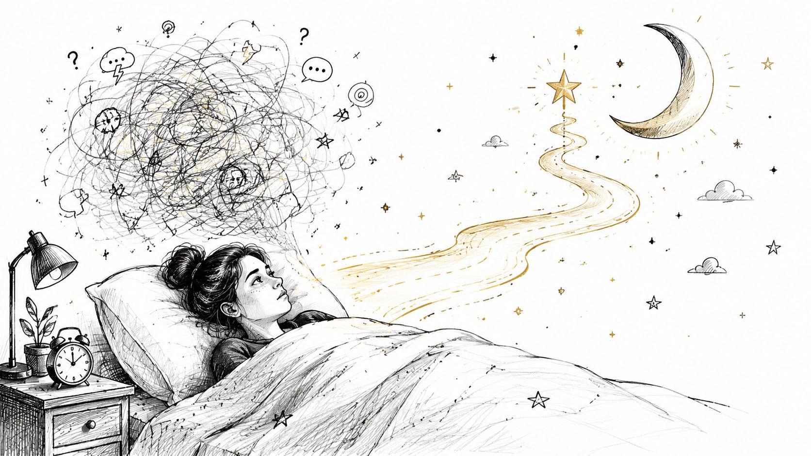 A woman lying in bed awake at night, visualising a chaotic mind shifting toward calm dreams.