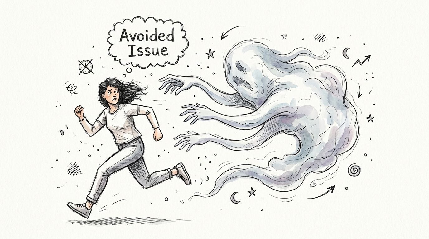 A woman running away in fear from a ghostly figure labeled as an avoided issue.