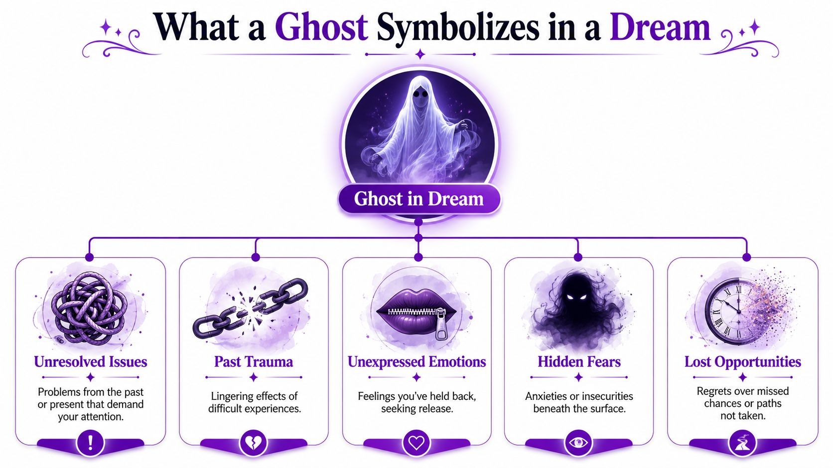An infographic titled What a Ghost Symbolizes in a Dream, illustrating meanings like unresolved issues and trauma.