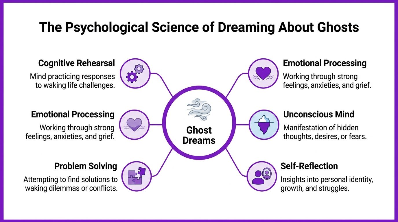 An infographic titled The Psychological Science of Dreaming About Ghosts explaining common interpretations of ghost dreams.