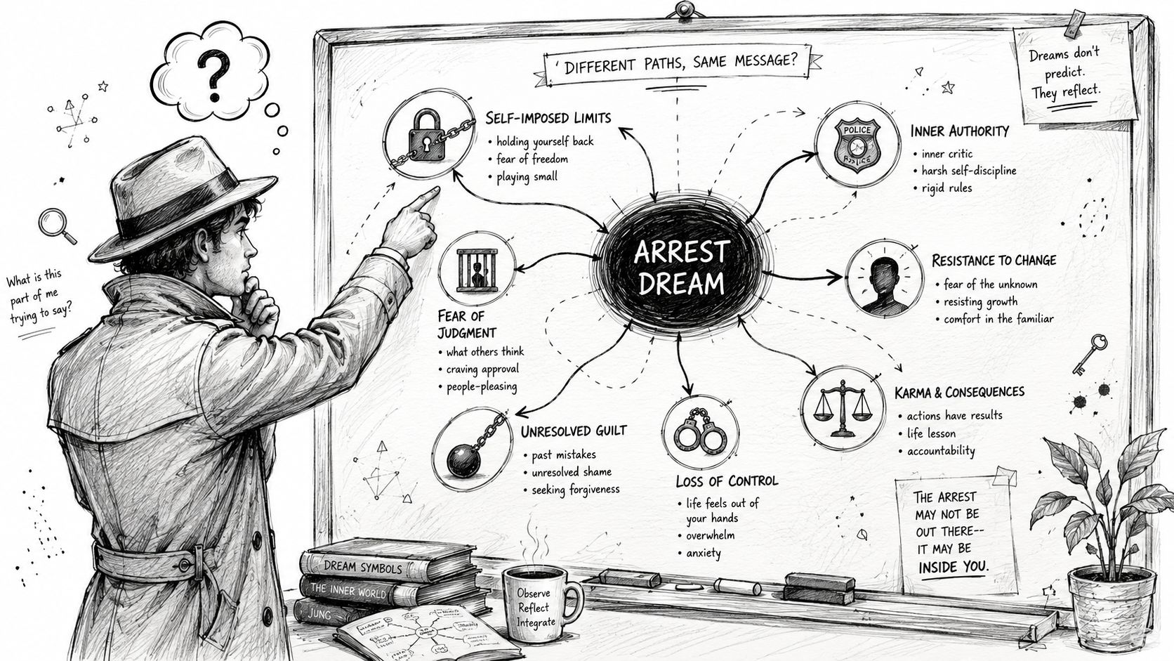 A detective analyzing an infographic chart on a whiteboard explaining the psychological meanings of an arrest dream.