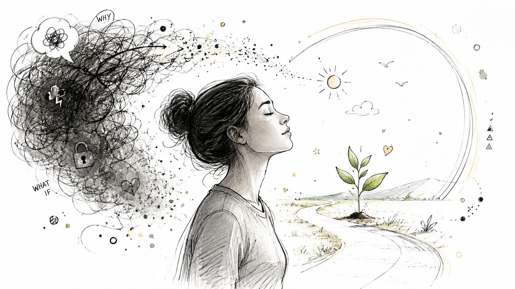 A woman stands between a chaotic, scribbled mind and a peaceful, growing landscape, representing mental health transformation.