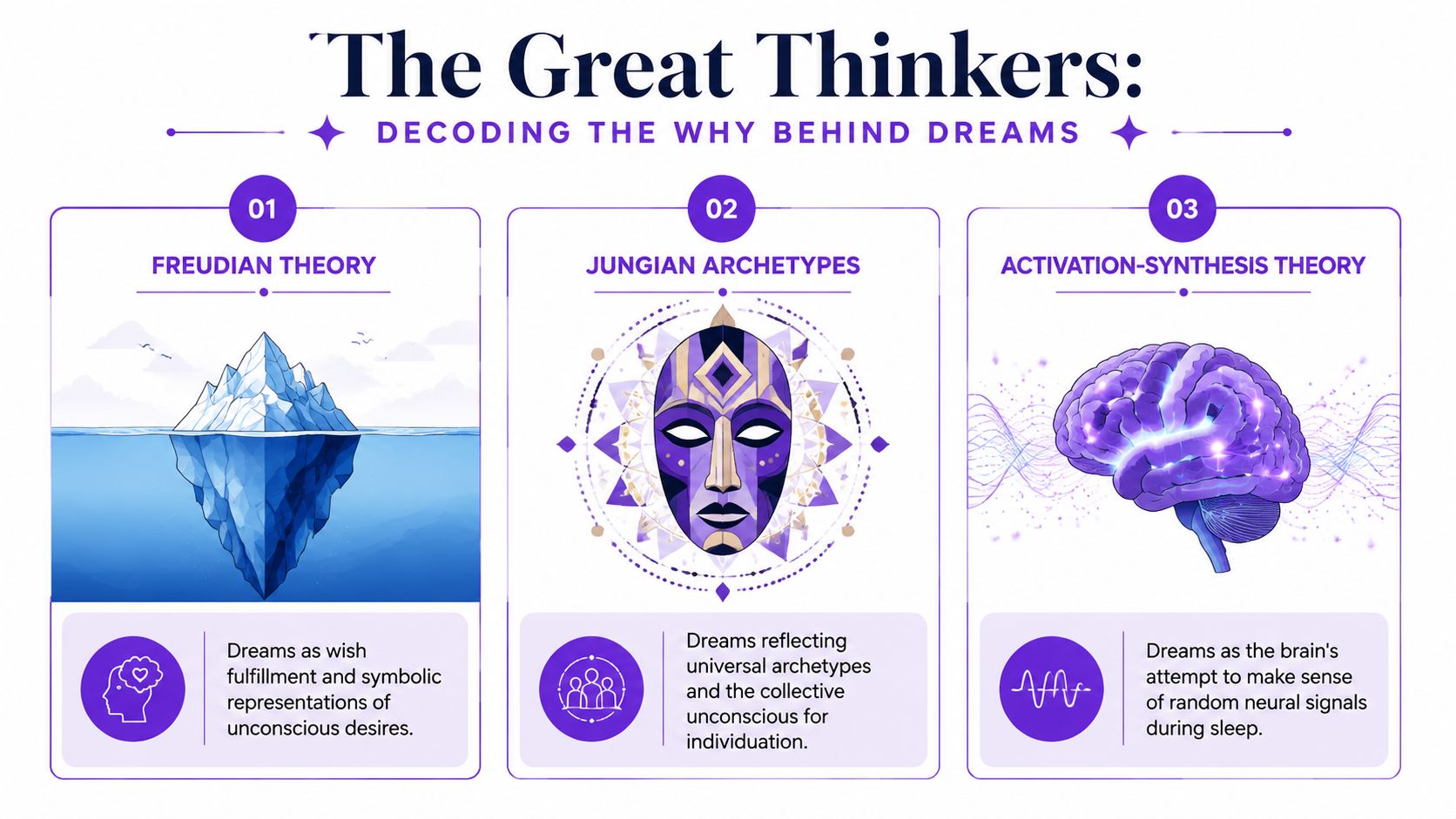 An infographic titled The Great Thinkers comparing Freudian, Jungian, and Activation-Synthesis dream analysis theories.