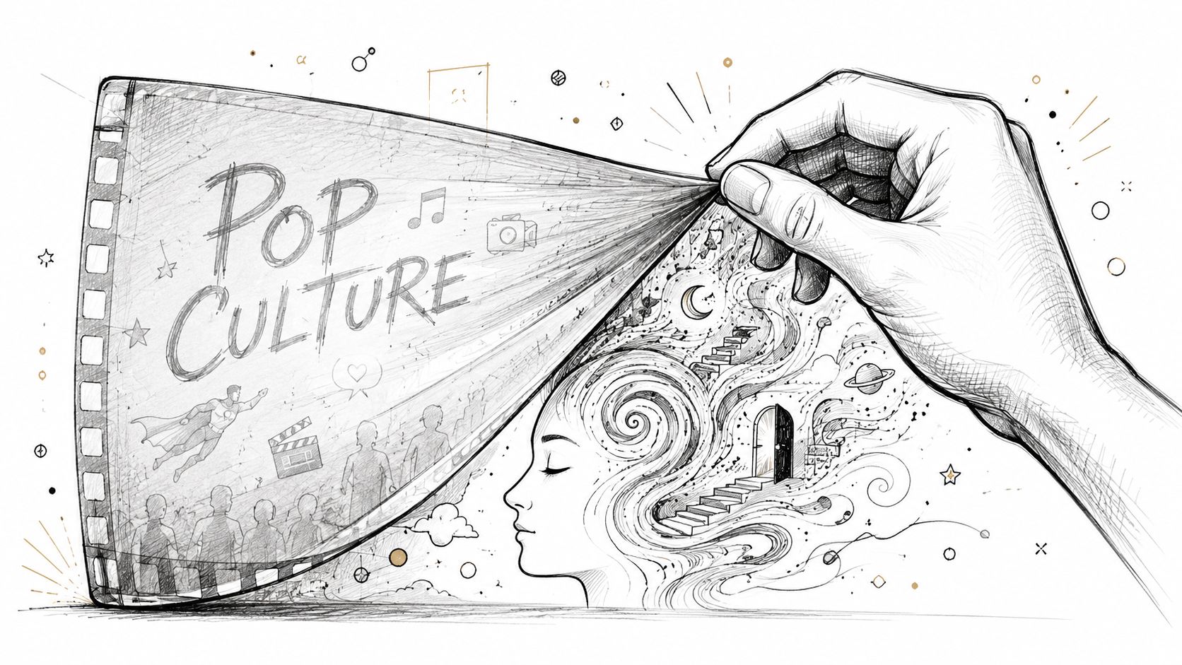A pencil sketch of a hand peeling back a film strip labeled pop culture from a dreamlike mind.