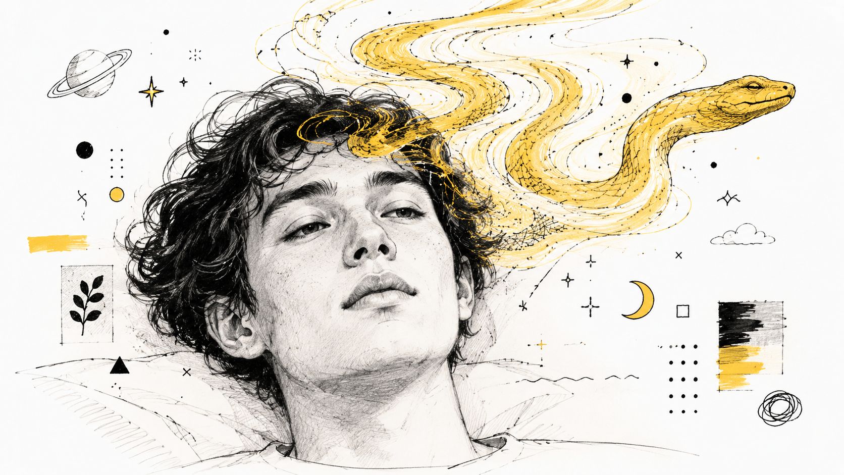 An artistic sketch of a young man with a yellow ethereal snake emerging from his mind.