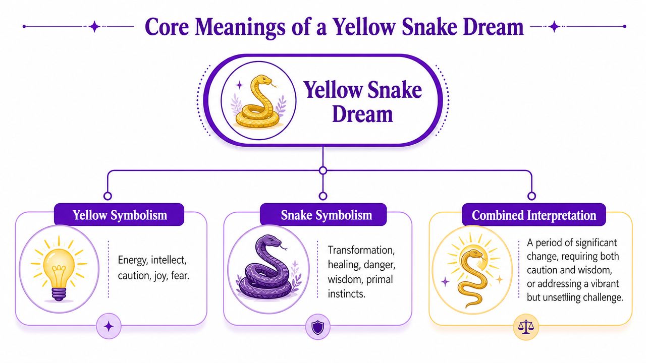 An infographic explaining the symbolic meanings of dreaming about a yellow snake through imagery and text.