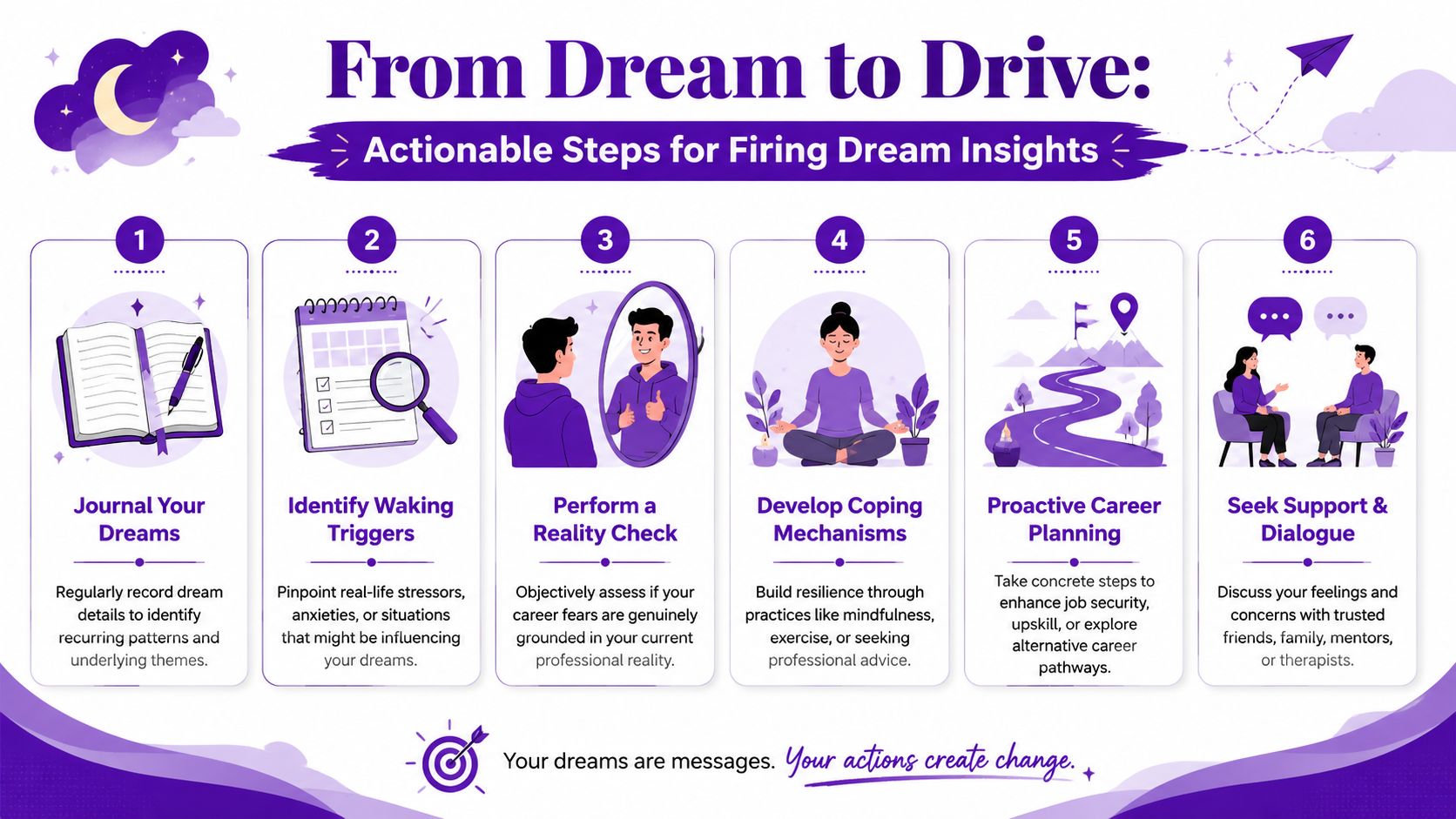 An infographic titled From Dream to Drive offering six actionable steps for understanding dreams about getting fired.