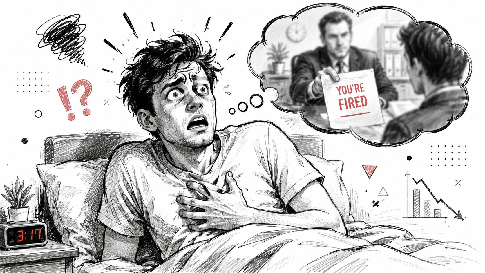 A distressed man waking up in bed at night, anxious about a dream of getting fired.
