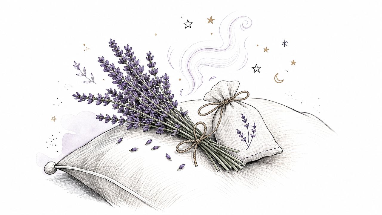 A gentle illustration of a lavender bundle and a small sachet resting on a comfortable pillow.
