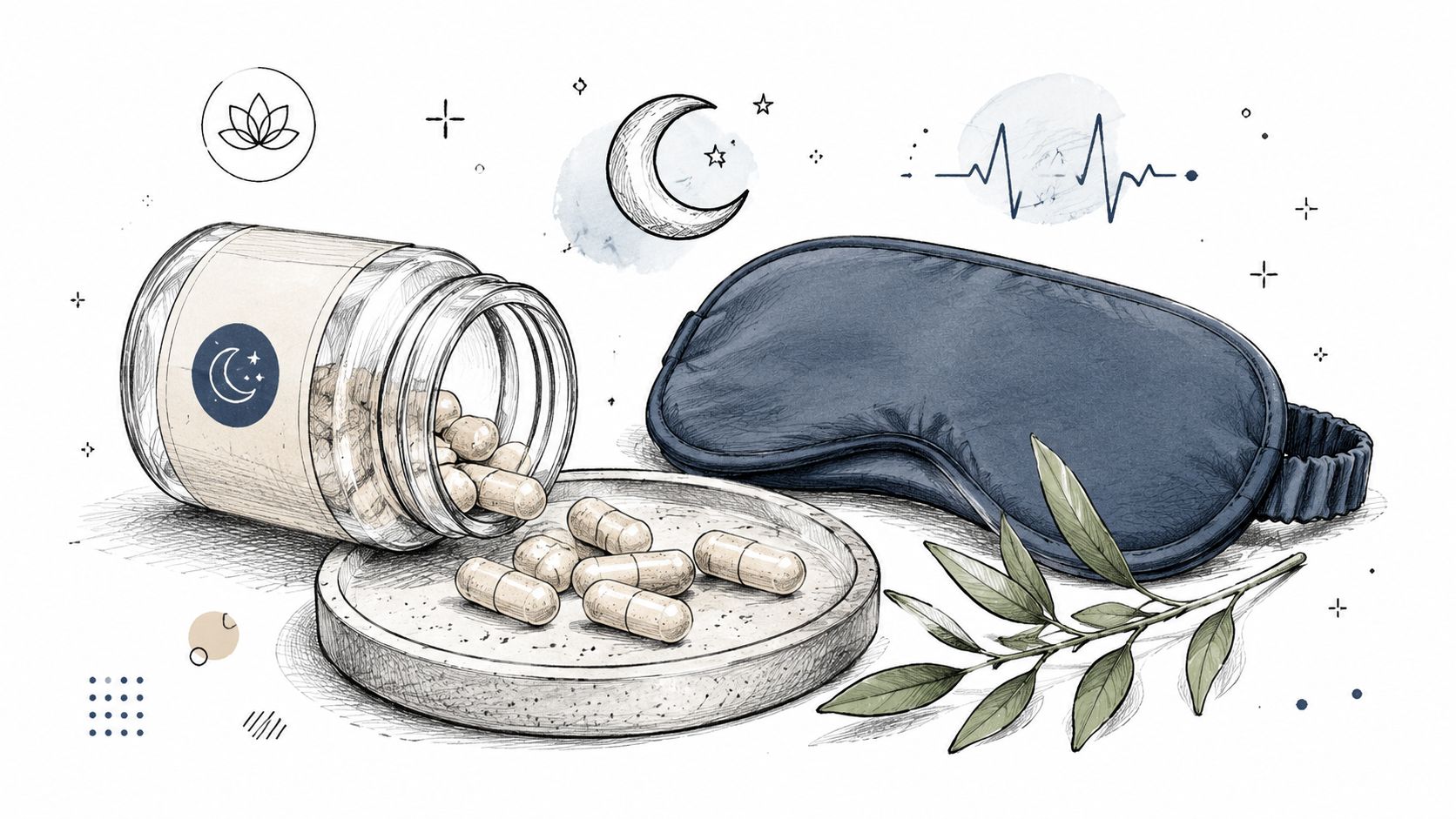 A sketchbook illustration of a sleep mask, herbal pills in a jar, and greenery on a bedside table.